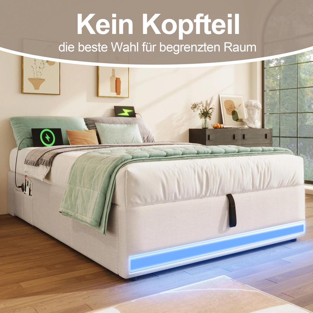 DESMIU Letto contenitore letto singolo 90 × 200 cm 1 posto con USB, Type-C, LED e tasche, senza materasso