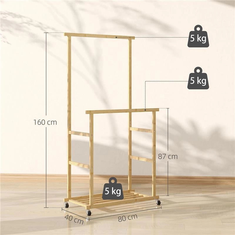 STENDER APPENDIABITI CON 2 BARRE, RIPIANO INFERIORE E 4 RUOTE IN BAMB¨, 80X40X160 CM, LEGNO NATURALE