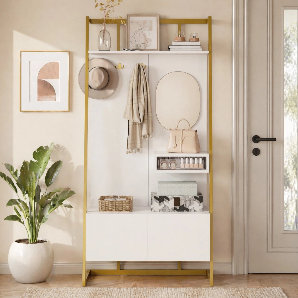 Mobile ingresso compatto con specchio; ganci e scarpiera; 78x38;5x180;5 cm; bianco in MDF