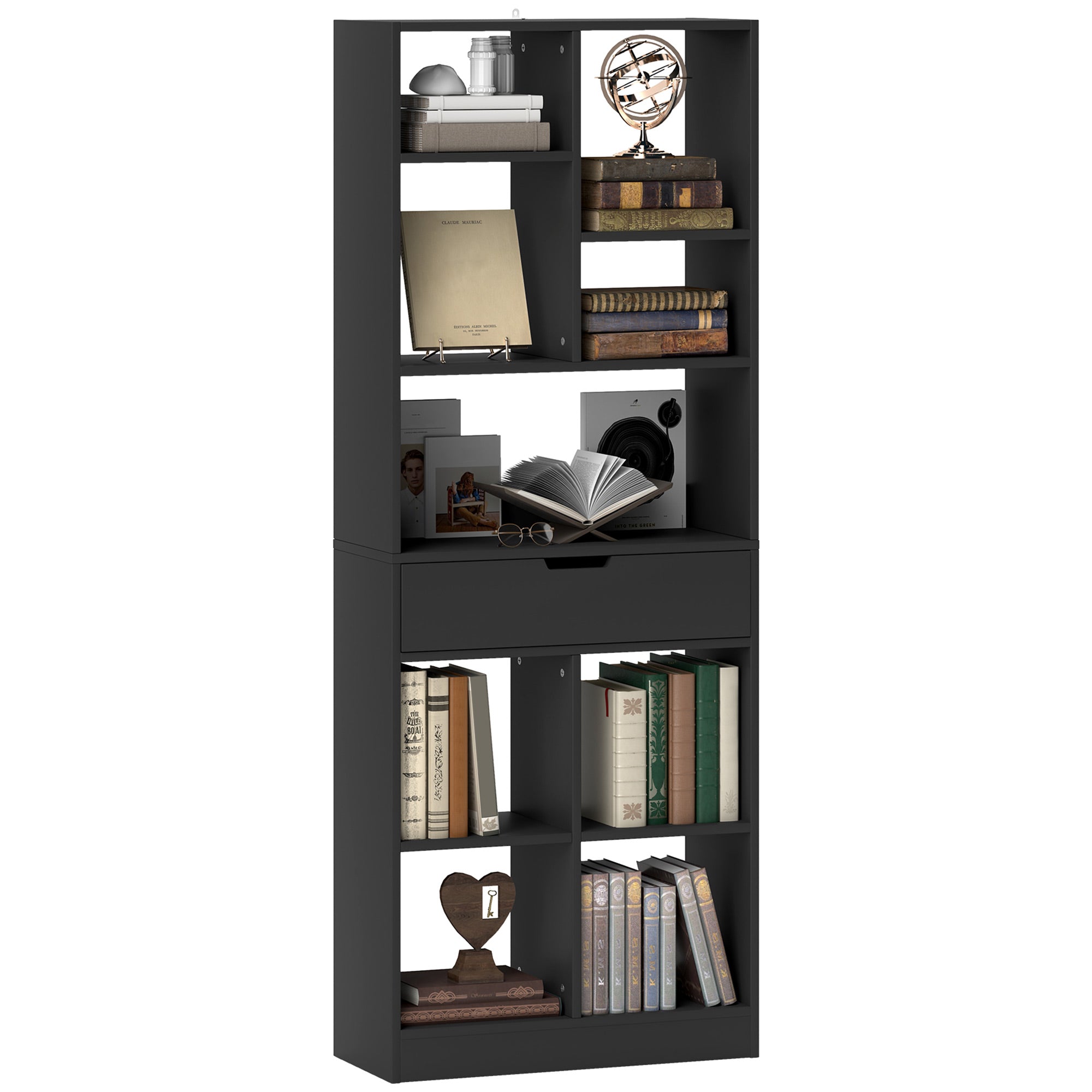 Libreria Moderna 60x26x158 cm con Cassetto Centrale e Kit Antiribaltamento in Legno Nero