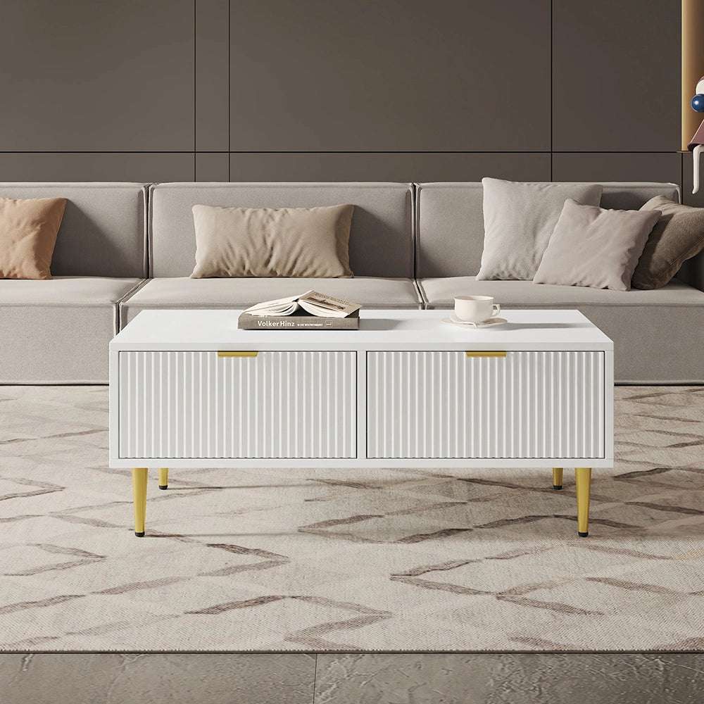 Tavolino moderno con finiture dorate - Xylo - 2 cassetti design strisce verticali 100x50x40cm