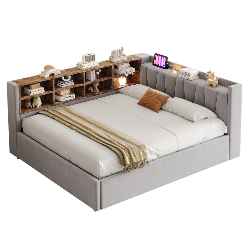 DESMIU Letto contenitore 140 × 200 cm 2 posti con LED, USB, Type-C e ripiani, senza materasso, velluto grigio chiaro