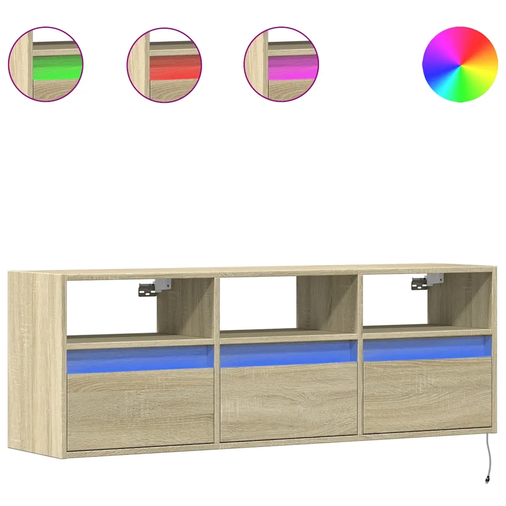 Mobile TV a Parete con Luci LED Rovere Sonoma 130x31x45 cm 852343