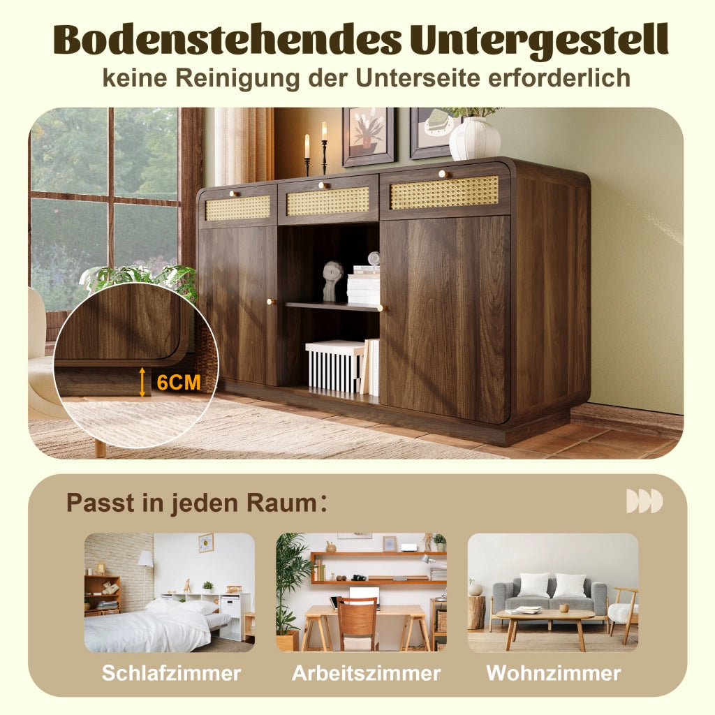 CREDENZA 120x40x85 cm Noce con 3 cassetti, rattan e 2 ante