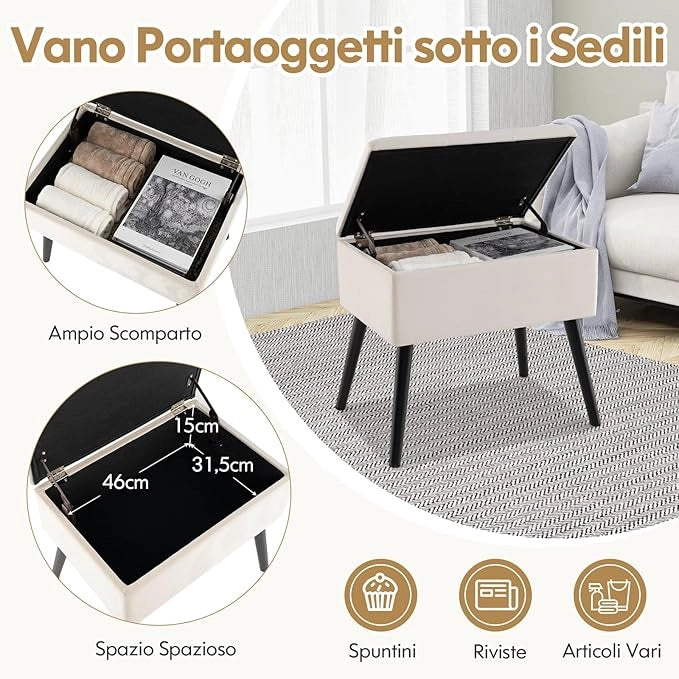 Sgabello da Toeletta con Contenitore, Pouf in Velluto con Gambe in Legno Massello & Seduta Imbottita per Cambio Scarpe, Poggiapiedi Moderno per Camera da Trucco, Ingresso (Beige)
