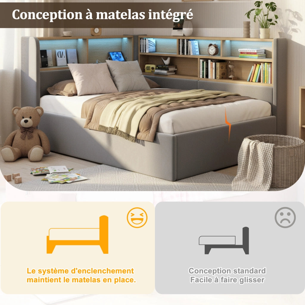 Letto a Divanetto Contenitore 90x200 cm; USB; Type-C; LED; in Velluto Grigio