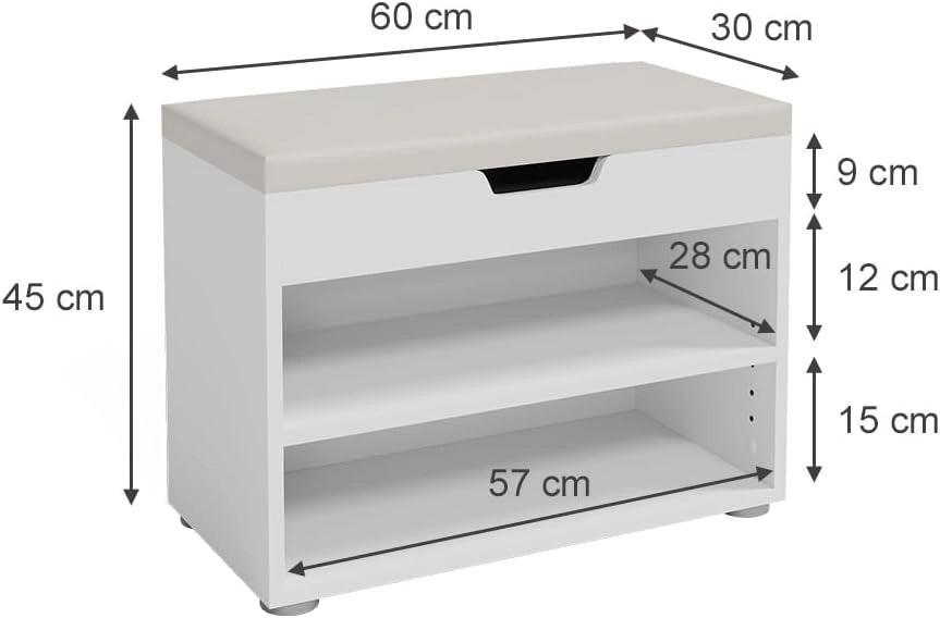 Vicco Panca scarpiera da ingresso Rolfe, Bianco, 60 x 45 cm, per la conservazione delle scarpe e compatibile con i mobili Rolfe