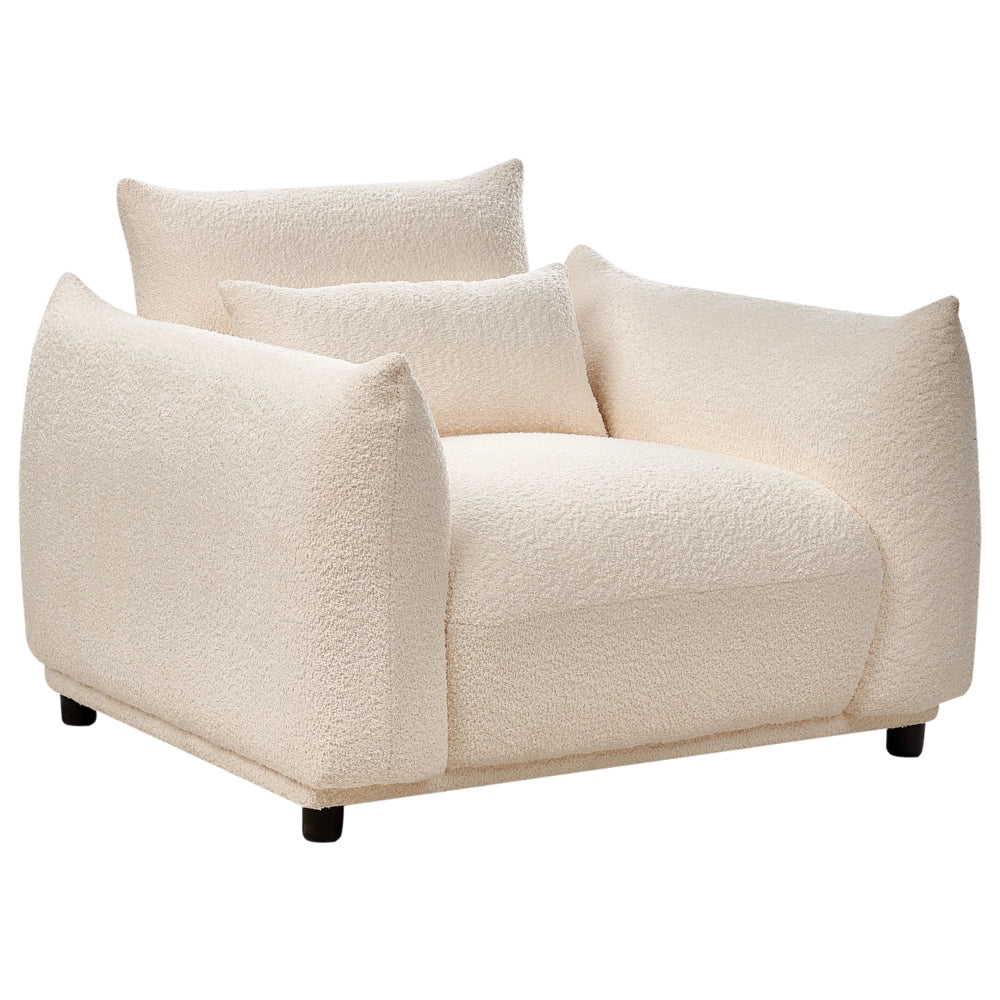 Poltrona Tessuto Boucle Bianco Morbido Nubby Gambe Nere Schienale Curvo Stile Retro Glam Art Decor
