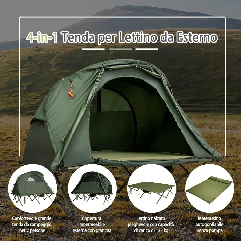 4 in 1 Tenda da Campeggio Rialzata per 2 Persone, Letto Brandina da Campeggio Pieghevole con Materasso Gonfiabile Automatico, Tenda a Doppio Strato Impermeabile e Antivento con Borsa