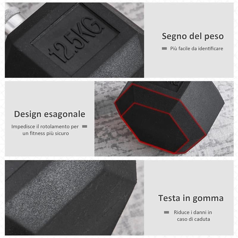 MANUBRIO DA 12.5 KG ESAGONALE SINGOLO CON IMPUGNATURA ZIGRINATA ANTISCIVOLO NERO