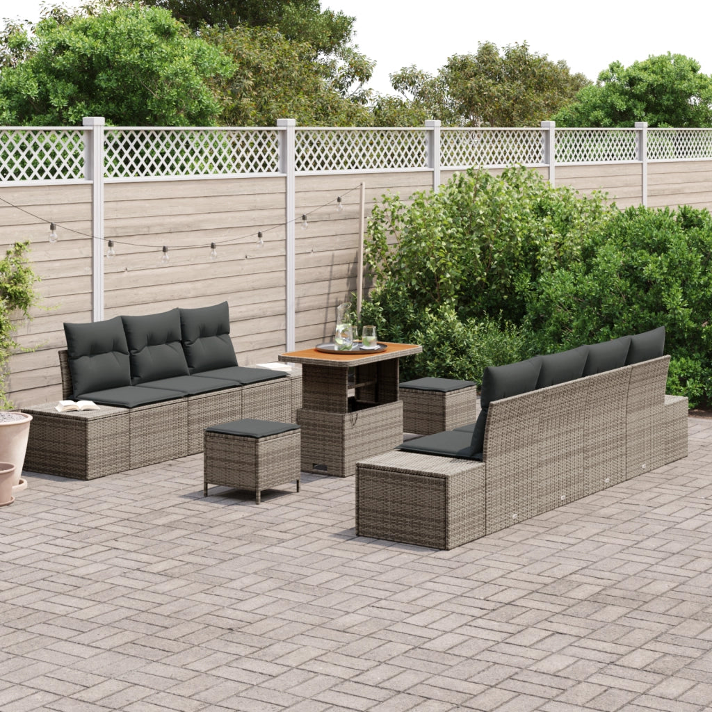 Set di divani da giardino  10 pezzi con cuscini Grigio Polyrattan Acacia