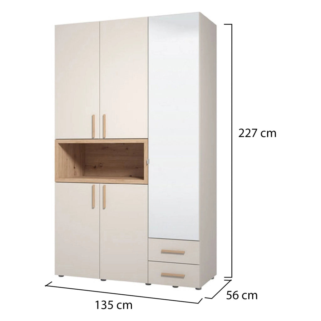 Armadio Camera da Letto Pianezze, Guardaroba 3 Ante Appendiabiti, 134.5x56 cm Beige