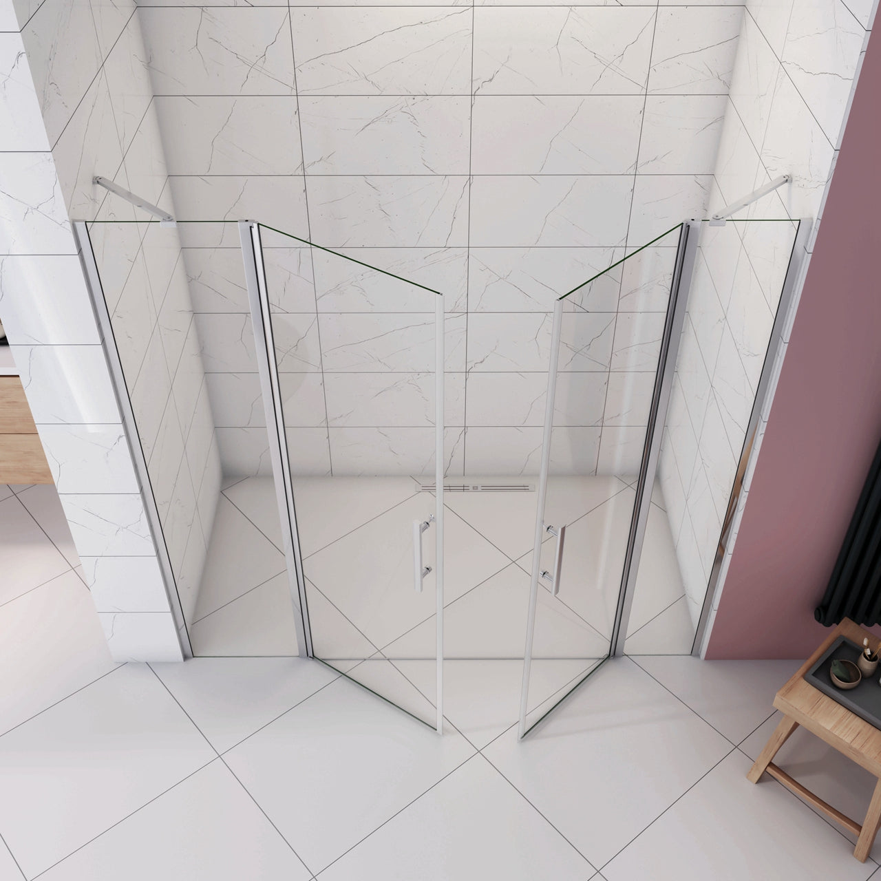 Box Doccia per Nicchia H.195 cm Doppia Porta Battente Saloon da 205 cm (90+120: 2020-2060 mm) 2 Pannelli Fissi con Barra Stabilizzatrice Vetro Temperato 6 mm Anticalcare