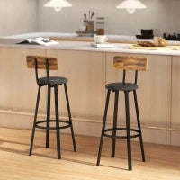 Set 2 Sgabelli da Bar Stile Industriale con Schienale, Seduta in Finta Pelle e Poggiapiedi, Marrone Rustico