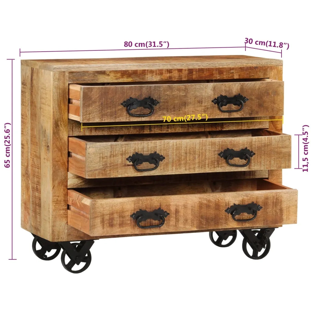 Credenza con 3 Cassetti-Buffet-Armadio da cucina 80x30x65 cm Legno Grezzo Massello Mango