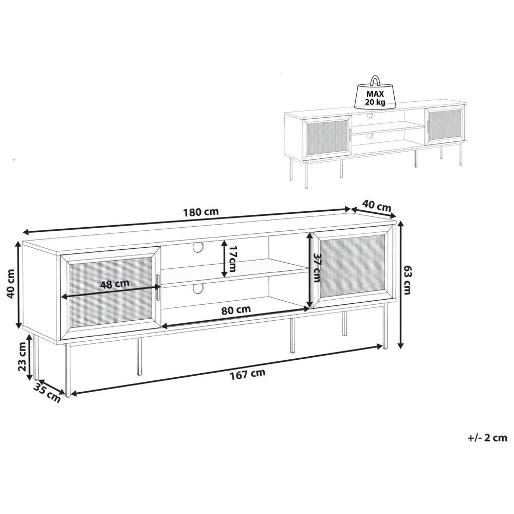 Mobile TV a 2 Ante in Rattan e Gambe in Metallo 180 x 63 cm Legno Chiaro