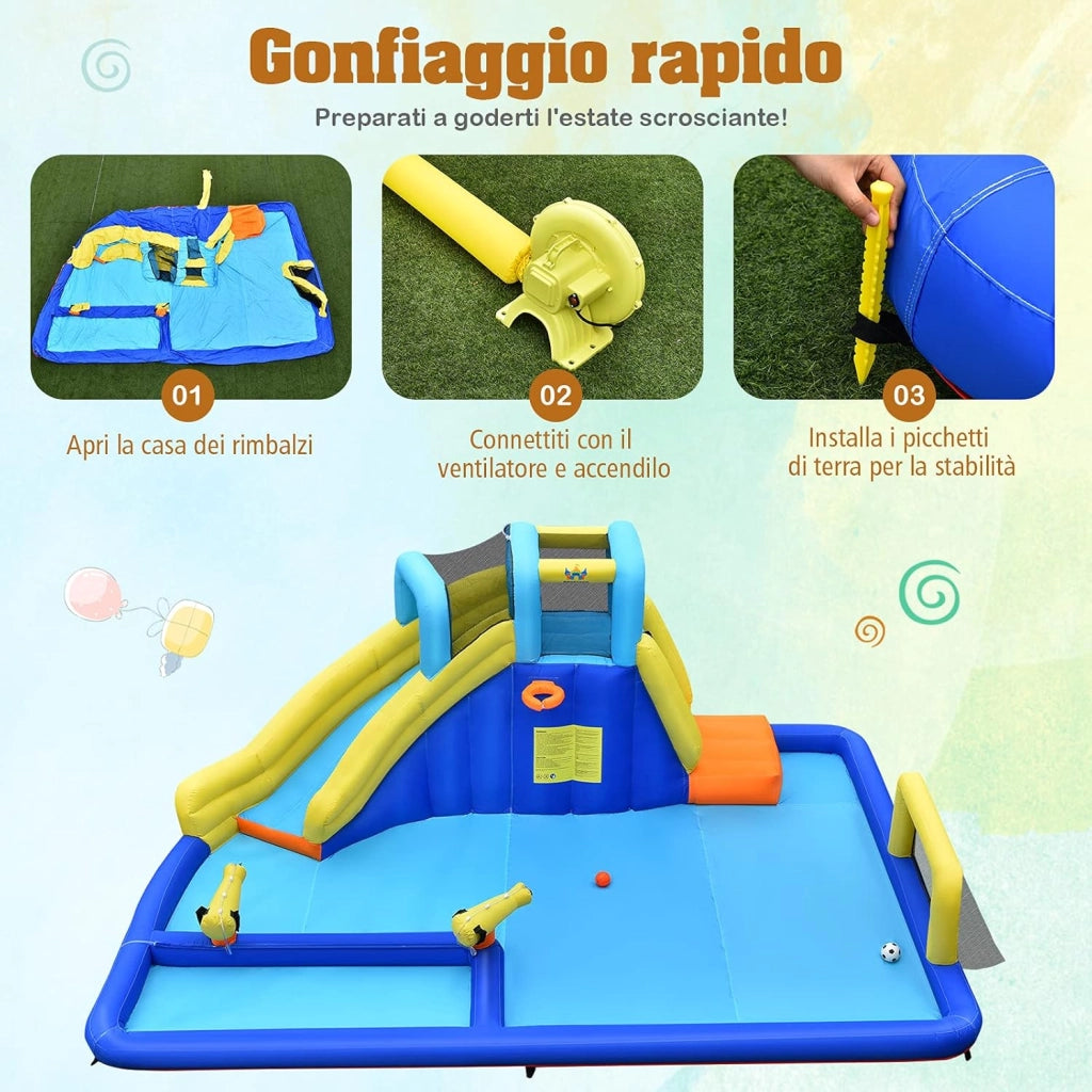 Castello Gonfiabile Per Bambini, Con Scivoli, Muro da Arrampicata e Piscina, Per 3 Bambini 3-10 Anni, Con Borsa di Trasporto e Kit Riparazione (Senza soffiatore)