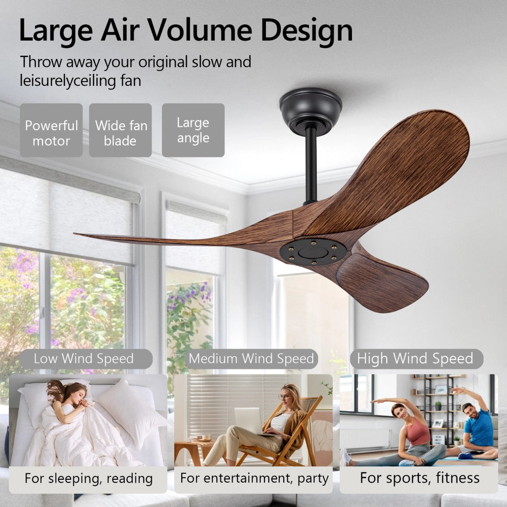 Ventilatore da soffitto senza luce con telecomando; motore DC reversibile; 3 pale in ABS; nero e noce scuro