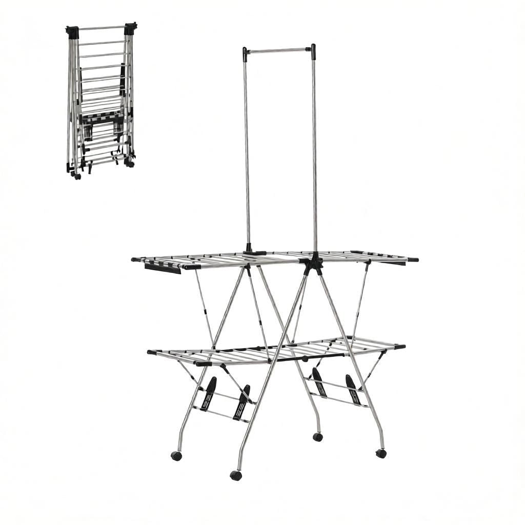 Stendibiancheria pieghevole con ruote, stendibiancheria mobile, supporto per asciugatura versatile, spaziosa torre per la biancheria