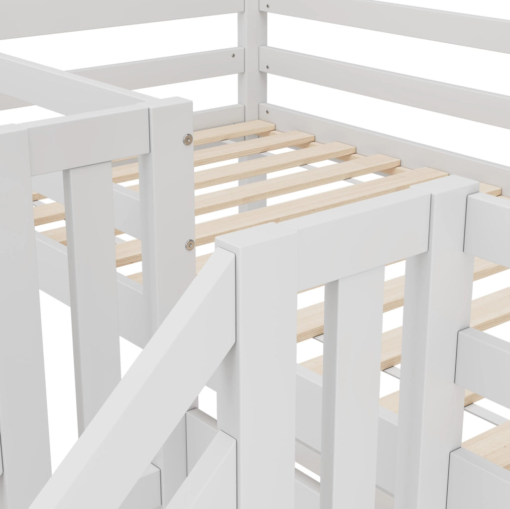 Letto a castello triplo 90x200 cm in pino con scala contenitiva e sponde, bianco