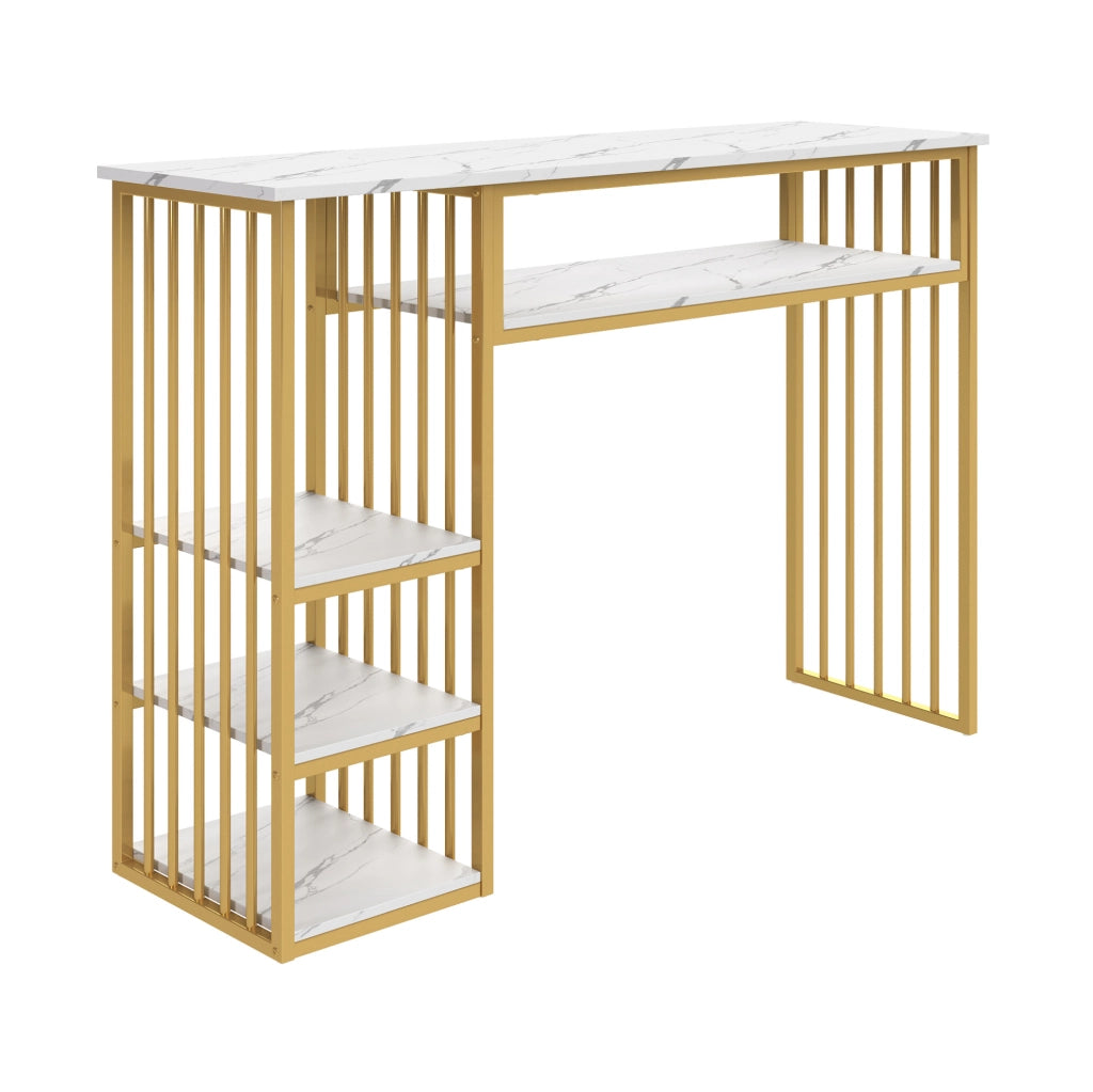 Bartisch con ripiani 140 x 40 x 105 cm in MDF e metallo; bianco e oro; effetto marmo