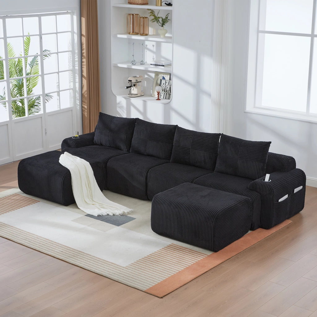 Divano modulare 4 posti con portabicchieri e tasca laterale in tessuto corduroy per soggiorno nero 333 × 174 × 80 cm