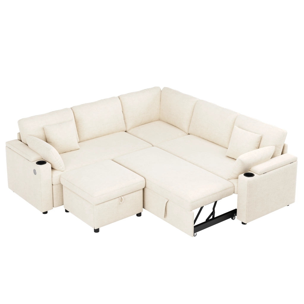 DIVANO ANGOLARE MODULARE LETTO 204x204x83 cm Chenille Beige con Hocker