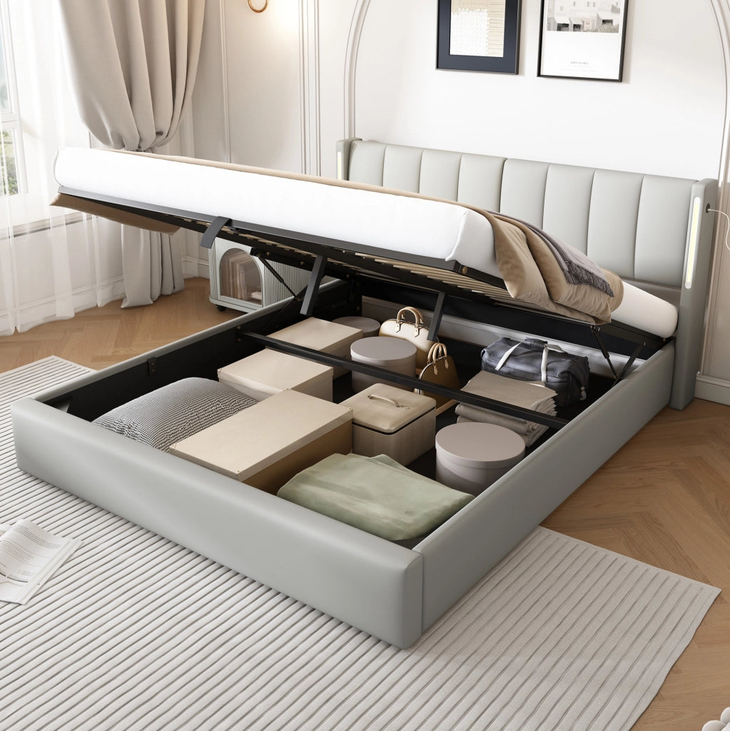 Letto matrimoniale 180x200 cm in PU grigio con LED e USB