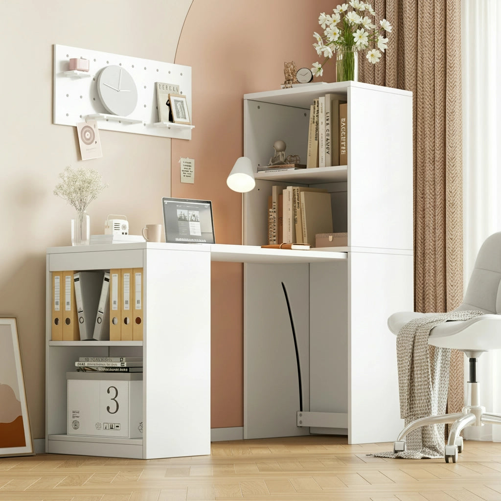 Scrivania Pieghevole con Armadio Integrato ¨C MINIMAL ¨C Bianco, 4 Ripiani, 130x51x137