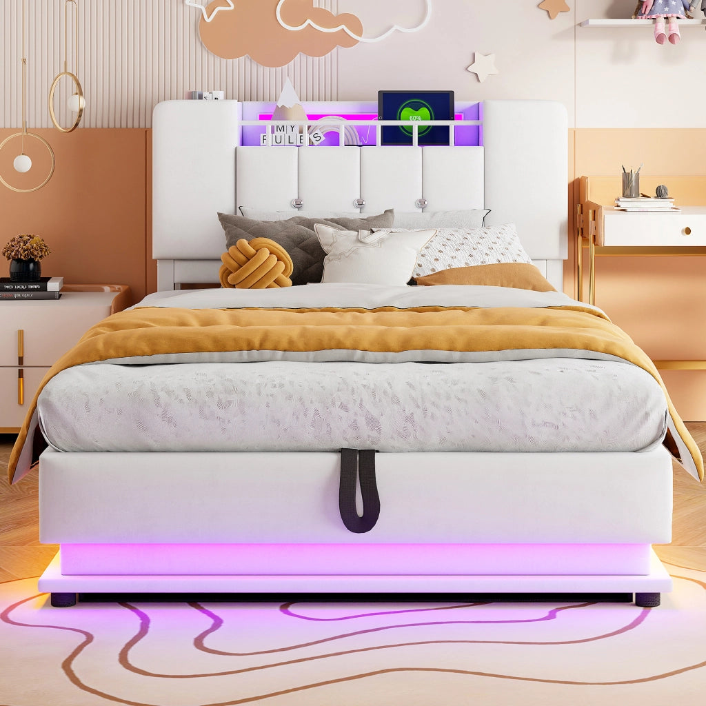 Letto imbottito idraulico con LED e USB 90x200 cm colore beige