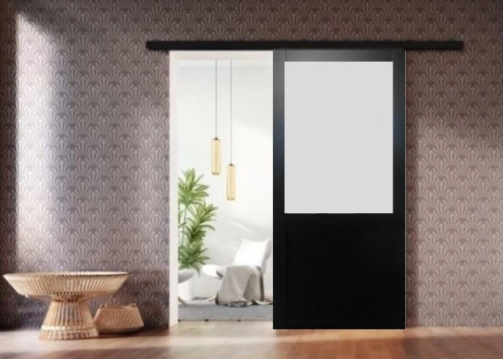 Porta Scorrevole Athena Vetro Nero H204 x L73 + Binario in Alluminio Fascia Nera