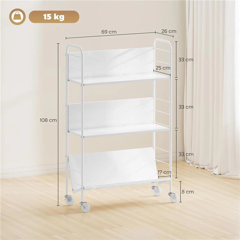 CARRELLO PORTALIBRI MODERNO A 3 LIVELLI CON RUOTE GIREVOLI PER LIBRI E RIVISTE, 69X26X108 CM, BIANCO
