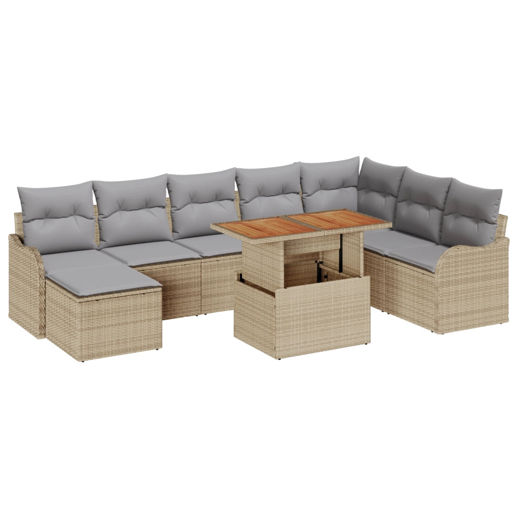 Set Divano da Giardino 9 Pezzi con Cuscini Beige Polyrattan Acacia