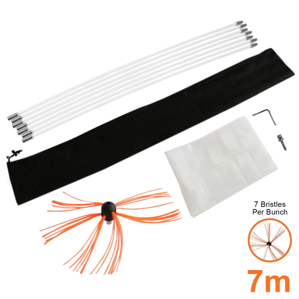 Scovolo Spazzacamino per Trapani Avvitatori con Adattatore Spazzola Camino Canna Fumaria Ciminiera Asta Nylon Flessibile con 6 Spazzole da 7 Setole - 7m