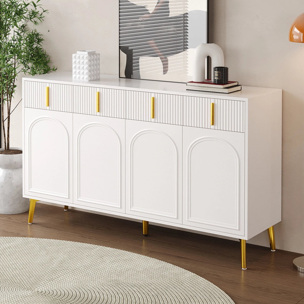 Credenza con 4 ante e 4 cassetti in MDF bianco con ripiani regolabili e dettagli dorati 140 × 38 × 82 cm