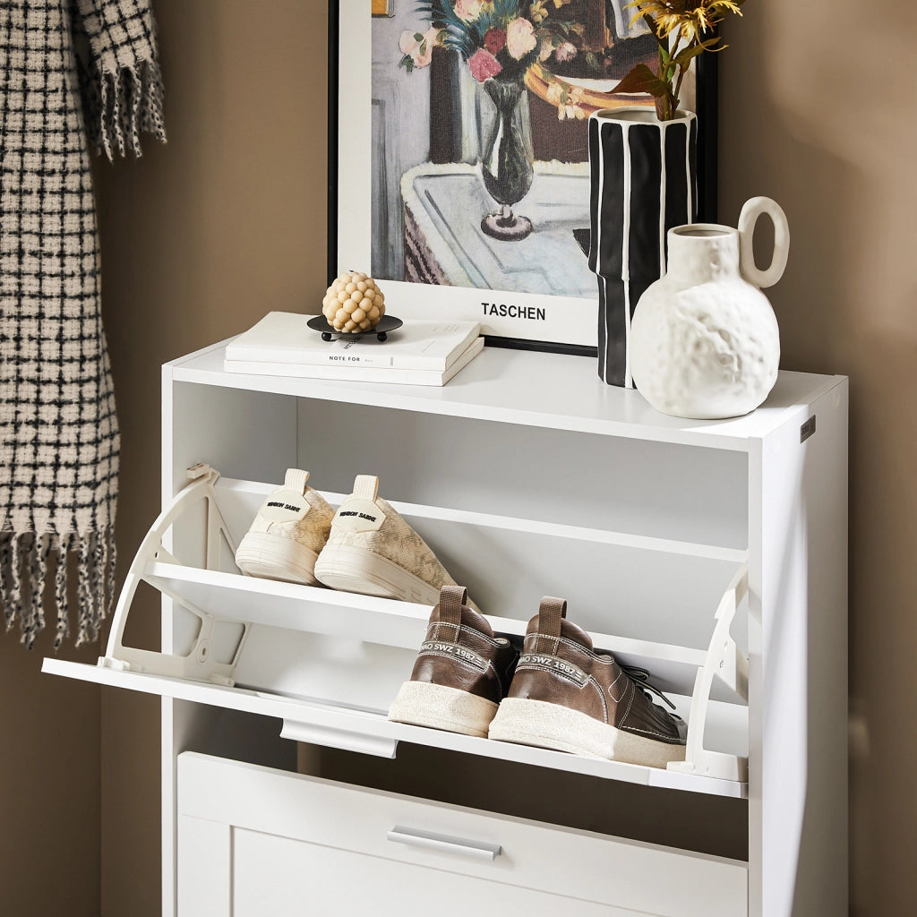 SoBuy Scarpiera Salvaspazio Slim Scarpiera Ingresso a 2 Ribalte - Design Compatto Moderno + Capacità 12 Paia + Adatta a Corridoi Stretti - Bianco 60x25x80cm FSR137-W