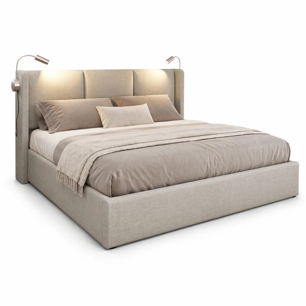 Letto matrimoniale imbottito 140x200 con contenitore, lampada da lettura, USB e rete a doghe