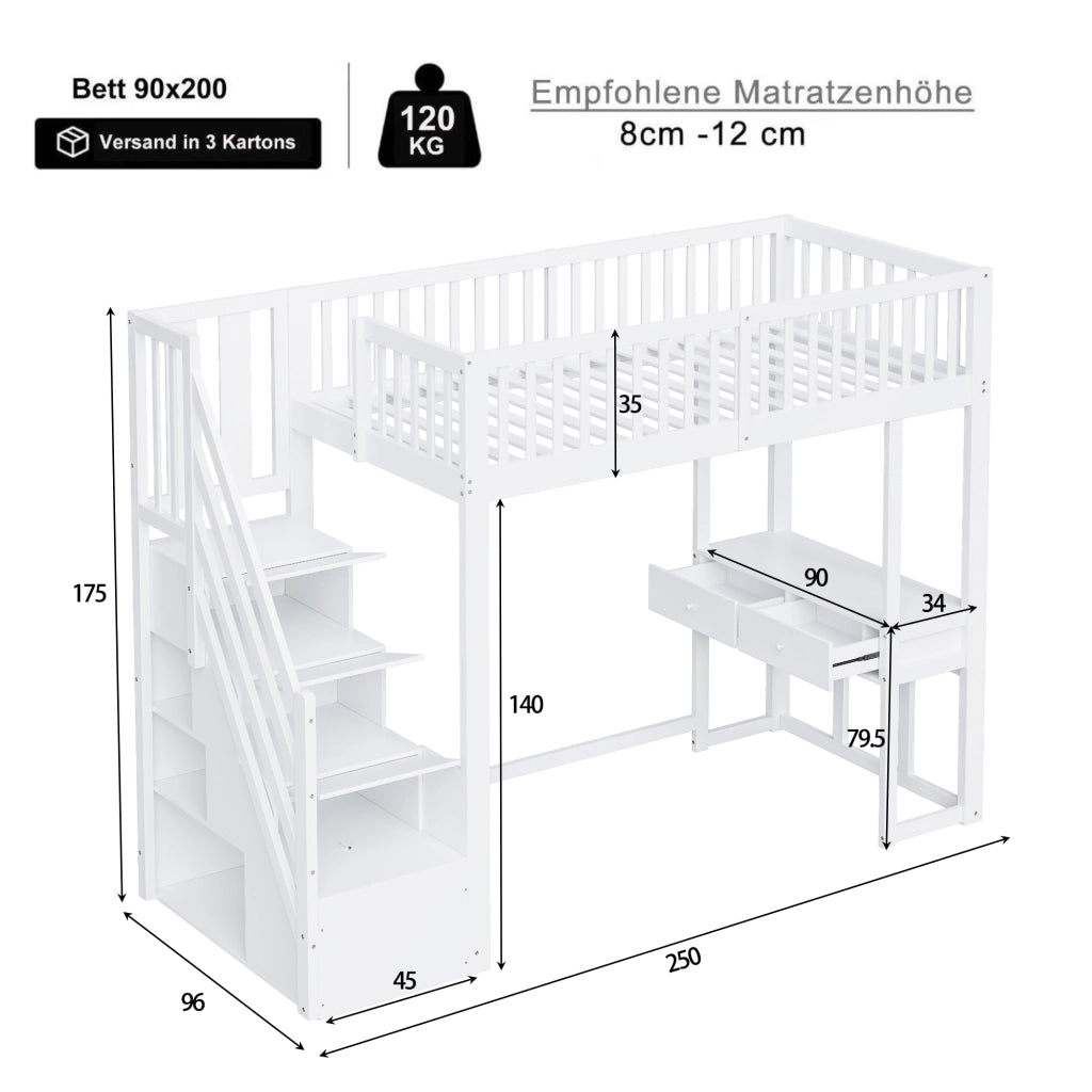 Letto a castello bianco con scrivania multifunzione in legno di pino 90x200 cm