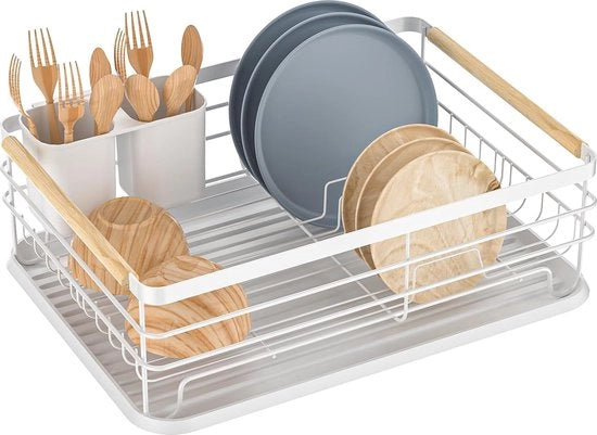 Afdruiprek per Servizio con Ciotole e Ricettacolo per Cucchiaini - Adatto per Famiglie di 3-5 Persone - 43*30,5*14 cm - Bianco