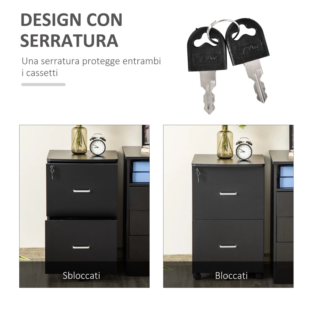 EasyComfort Armadietto da Ufficio con 2 Cassetti e 5 Ruote, Schedario in MDF e Truciolato, 43x45x72 cm, Nero