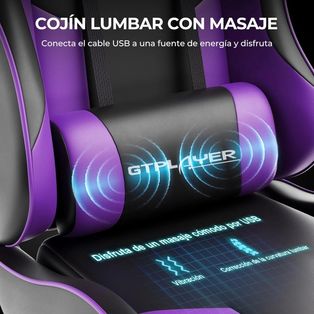 Sedia da gioco con massaggio ergonomico | Poggiapiedi e poggiatesta retrattili | Supporto 150 kg | Ufficio e Casa | Colore Viola