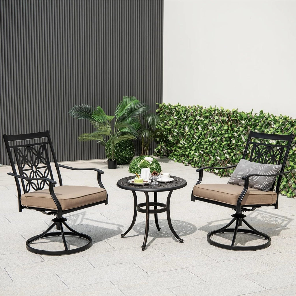 Set di 2 sedie da bistrot girevoli in metallo con braccioli curvi, telaio in metallo robusto e morbido cuscino di seduta, comode sedie da terrazza per giardino, patio, bistrot