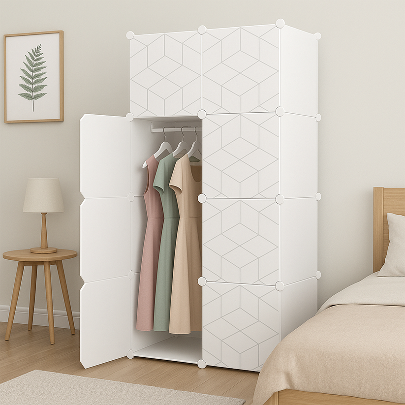 Guardaroba bianco con misure 147x75x47 cm, ideale per la camera da letto o l'ingresso.