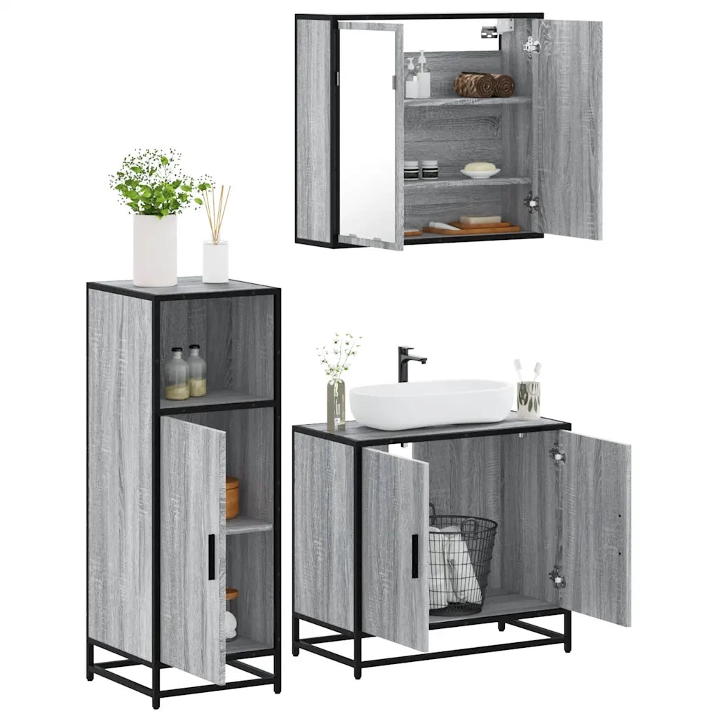 Set Mobili da Bagno | Armadio da bagno 3 pz Grigio Sonoma in Legno Multistrato