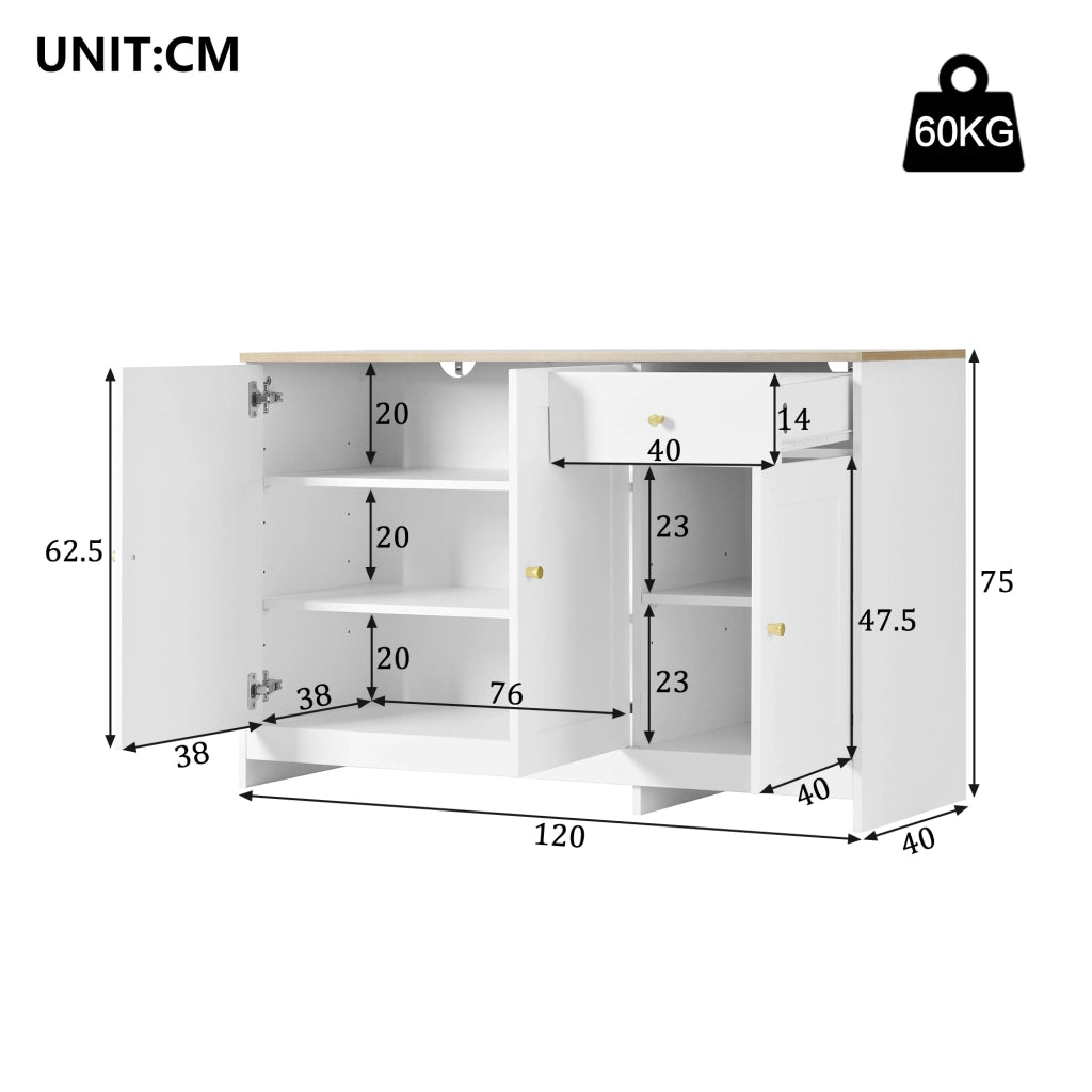 Credenza 3 Ante e 1 Cassetto ¨C MINIMAL ¨C Legno Naturale e Bianco 120x40x75 cm