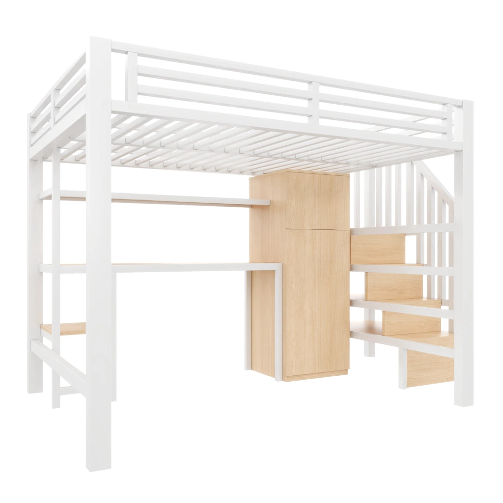 Letto a soppalco 140x200 cm con scrivania; LED; armadio e ripiani in MDF e metallo bianco