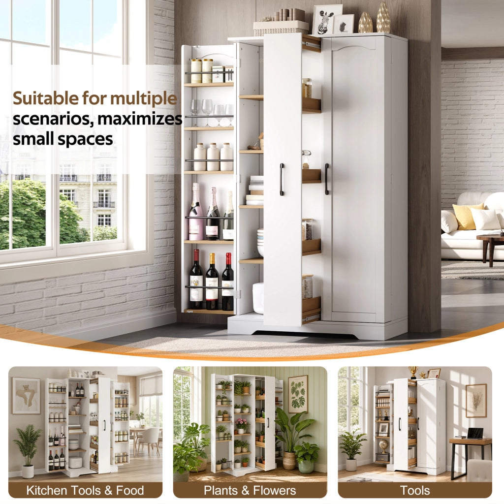 Credenza da cucina con estraibile verticale a 4 livelli, 2 ante e ripiani regolabili per cucina e soggiorno, bianco 150 × 78 × 40 cm