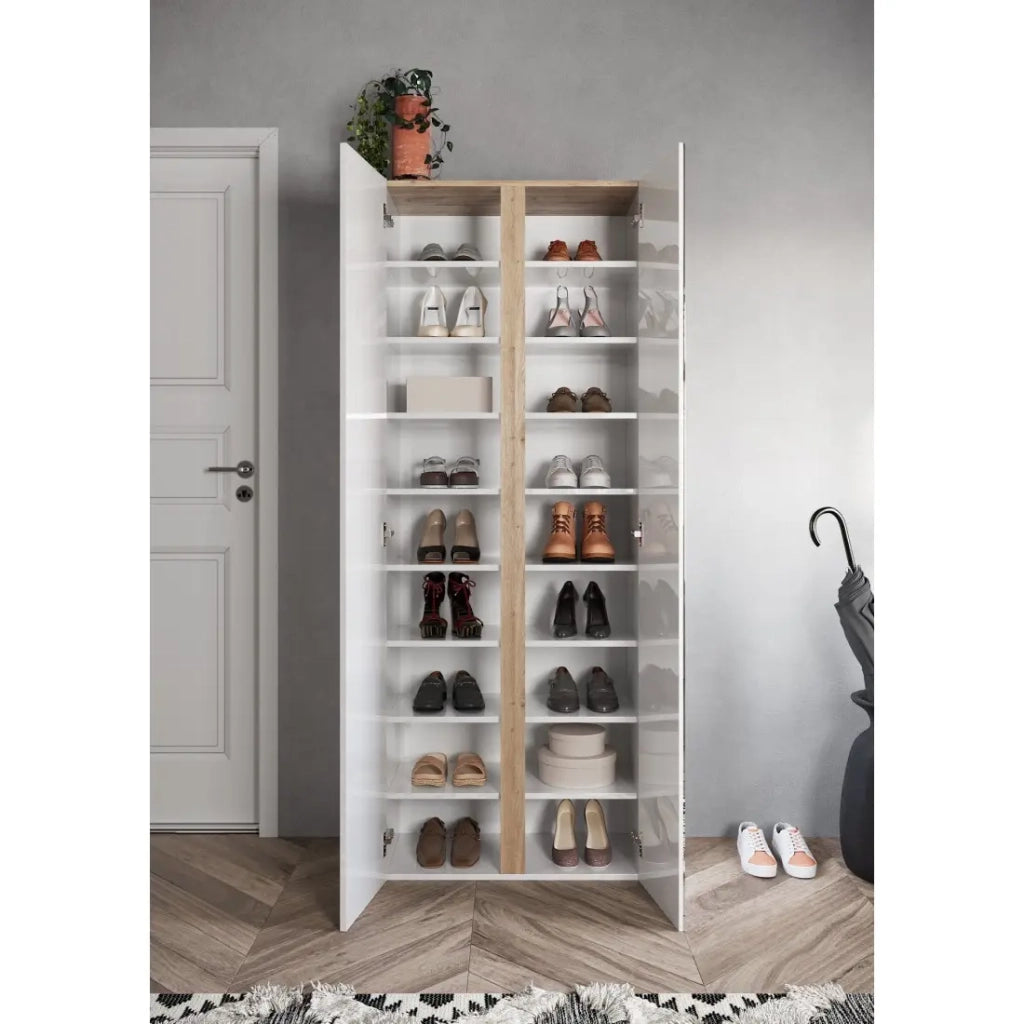 Mobile per scarpe con 8 ripiani regolabili, collezione KEY, colore bianco lucido laccato e quercia cadiz.