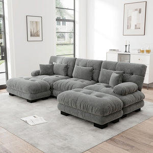 Divano angolare modulare - Xylo - Forma U extra large, trasformabile con pouf, chenille grigio
