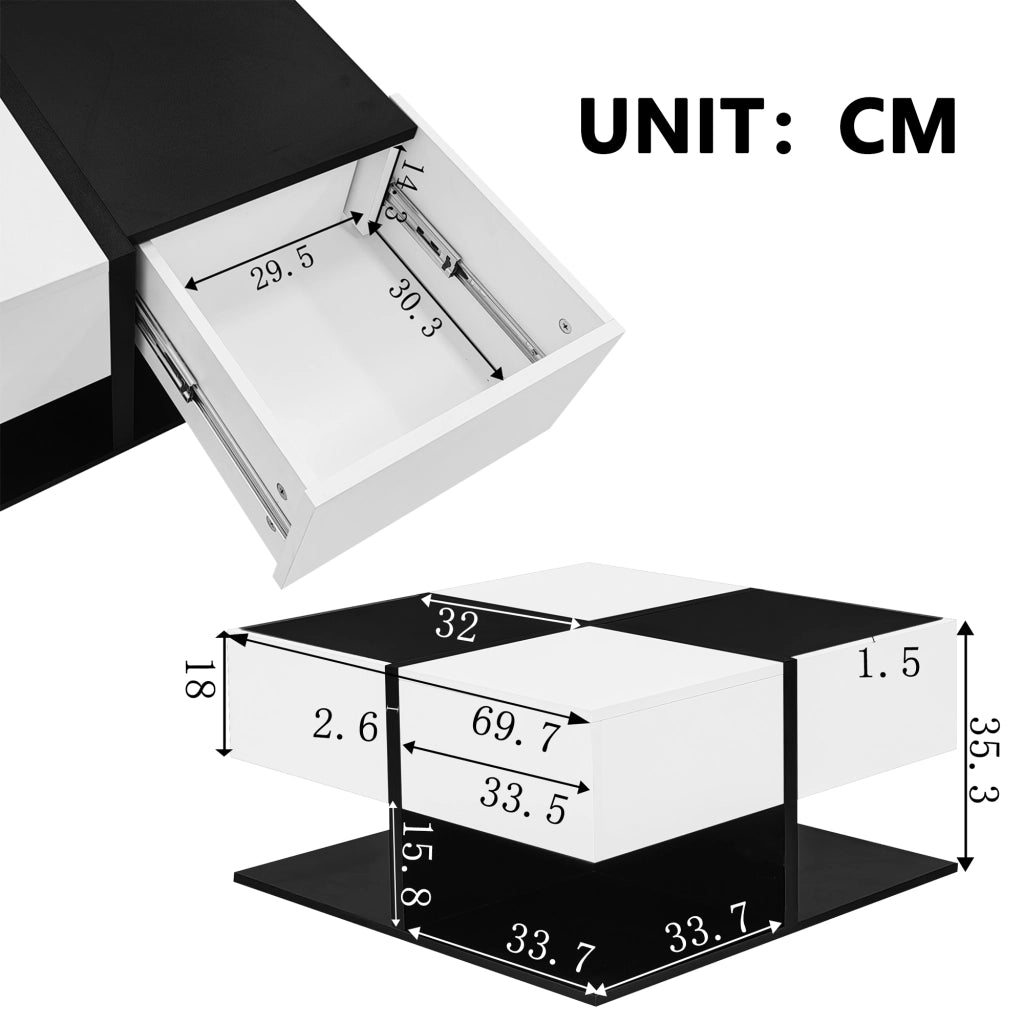 Tavolino da salotto quadrato con 2 Cassetti; vano contenitore nascosto; per soggiorno; in pannello truciolare; 70 × 70 × 35.5 cm; nero e bianco